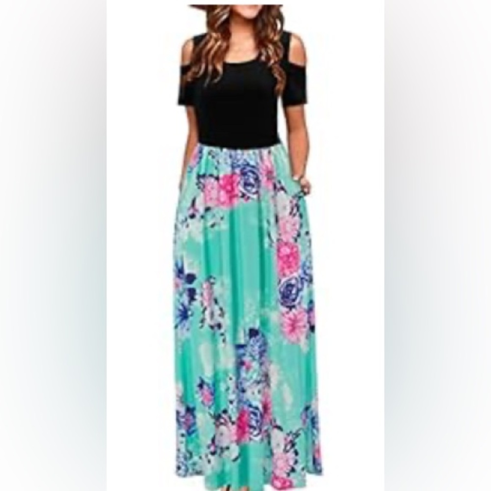 Floral Women’s Cold Shoulder Cotton Blue, Black, Pink Maxi Dress with Pockets, M